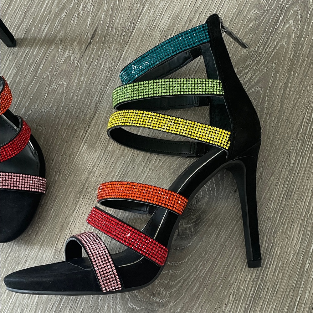 Gianni Bini Black Heels with Rainbow Straps - Picture 3 of 4